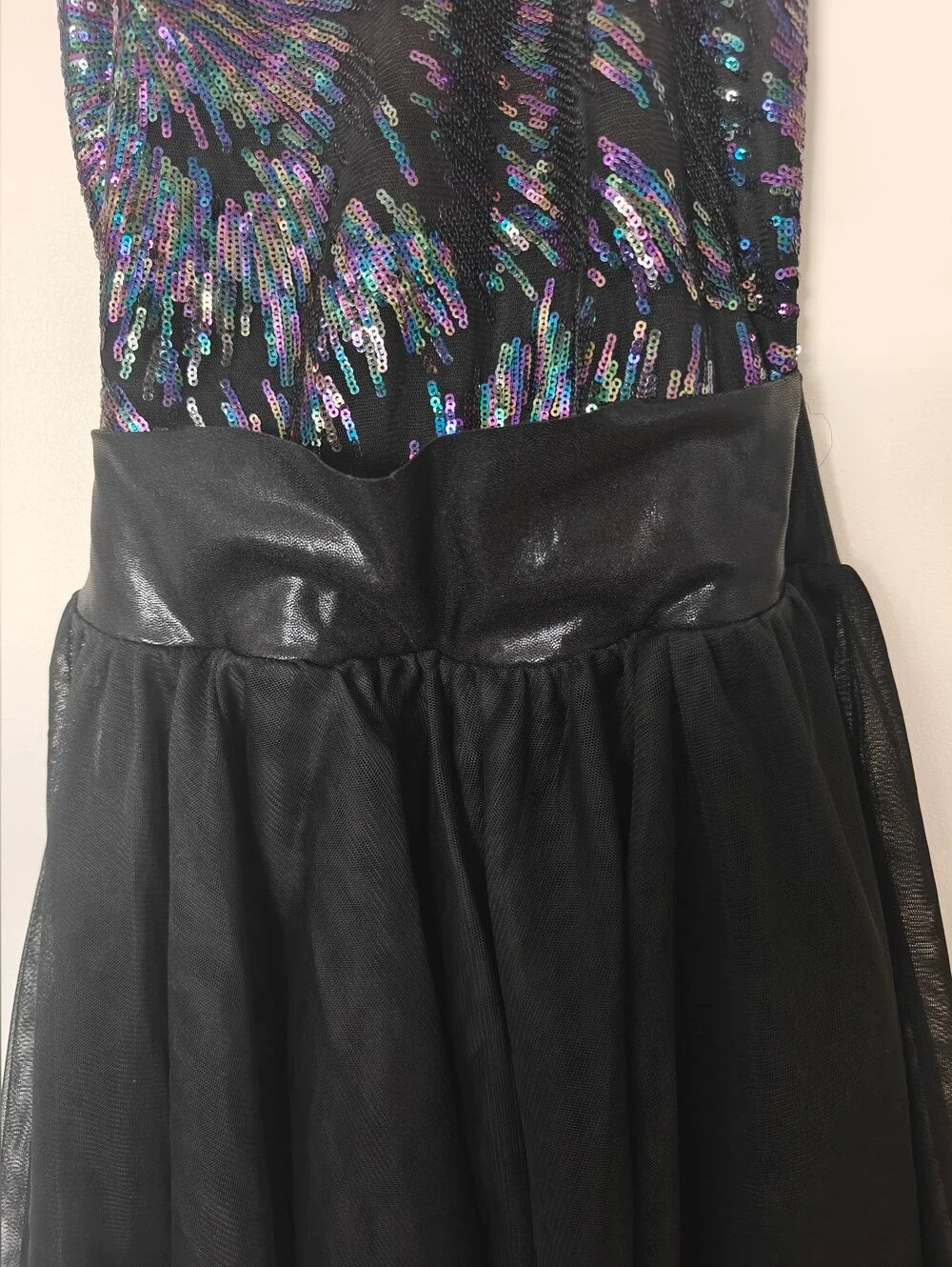 Teen Dance Costume Sz.XLC Sequined Asymmetrical Double Skirt Dress Black Rainbow